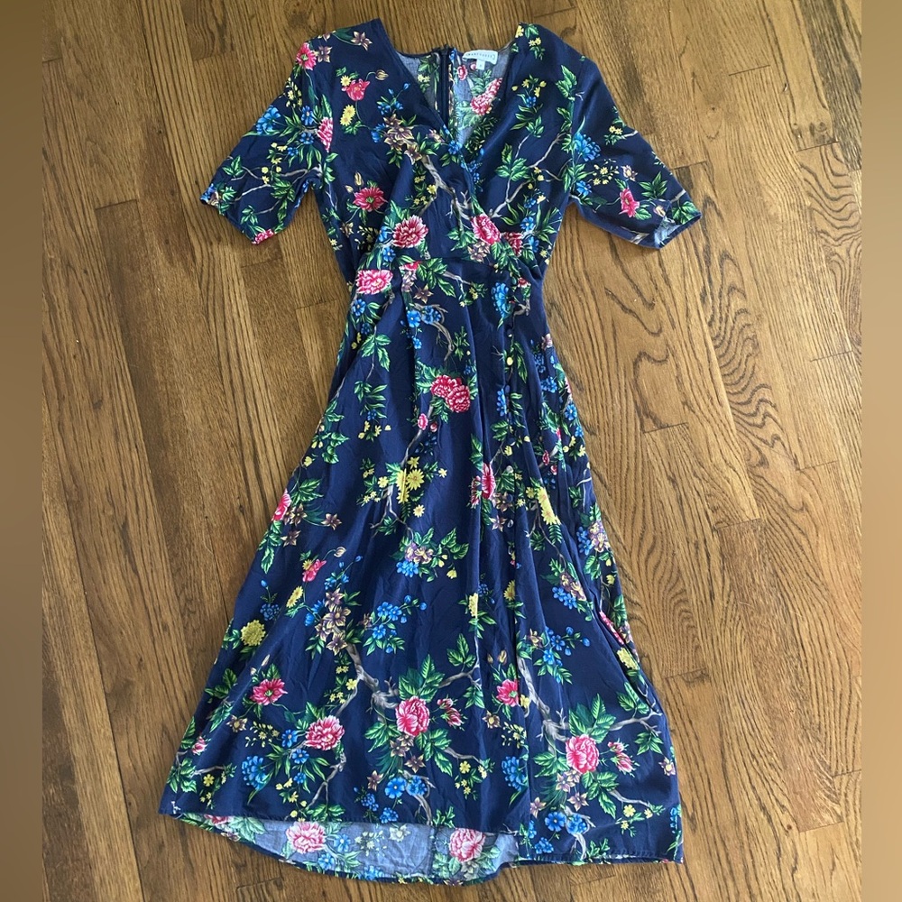 Navy Floral Wrap Dress - Pink & Green Floral with Slit